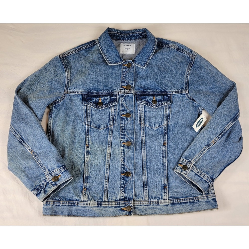 Old Navy Boyfriend Denim Jacket Medium Wash Blue Trucker Jean Jacket M NEW